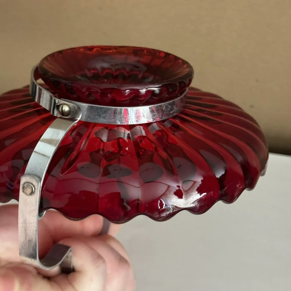 Imperial Glass Red Pillar Flutes Relish Sea Food Bowl‎ w/ Metal Handle Antique